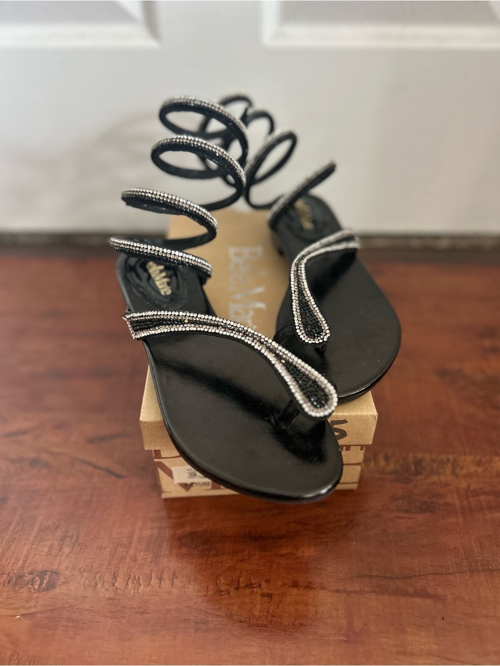 Beek Black Spiral Rhinestone Wrap Sandals